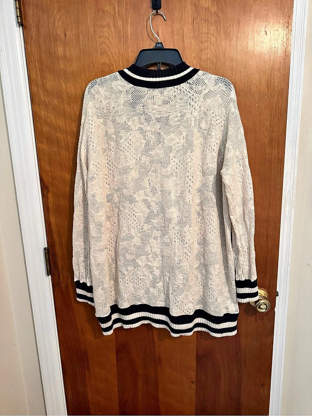 Free People Crochet Trim Bomber Jacket Cardigan Cream & Black - Picture 4 of 5